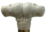 Unique Bone or Tusk Carved Siamese Hippopotamus Cane with Brass or Gold Collar