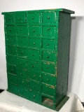 Primitive Bolt Cabinet w/ 32 Drawers, Green Paint, 22in Tall, Missing One Drawer