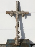 Cast Iron French Cemetary Monument Cross, 48in Tall, Ornate Vines On All Sides