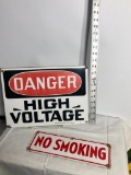 Lot of 2 Porcelain Signs, Danger High Voltage, No Smoking, 14in & 12in