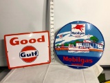 Lot of 2 Contemporary Porcelain Signs, Gulf and Mobilgas Marine