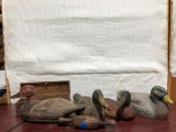 4 Duck Decoys (3 Wooden), Wood Box, Primitive Rolling Pin