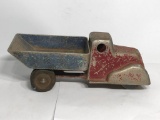 Early Dump Truck Toy, All Metal Truck Pat. Pend. 10in Long, 2 Replacement Front Wheels