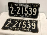 1956 Lancaster County Nebraska Vintage License Plates, Matched Pair