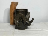 Solid Bronze Big Horn Ram Mug by Artist C. WAGNER c. 1979 (Signed), Very Heavy w/ Raw Wood Handle 6