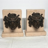 Marble & Bronze Bookends, 7in Tall, Medusa or Greek Mythology Figure