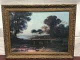 Antique Framed Print, Biblical Theme with Men and Woman Tending to Livestock Near River 28in x 22in