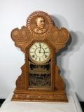 Rare Ingraham Spanish American War Clock, Admiral Dewey & Battleshop Maine, Ornate c. 1898 Oak Shelf