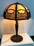 Antique 8 Panel Slag Glass Lamp, Orig. Slag Glass Desk Lamp, Two Pulls, Victorian 23in Tall, 20in