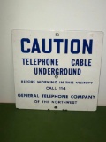 Caution Telephone Cable Underground Porcelain Sign, 12in x 12in - 3 Digit Ph. 114