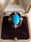 .925 Sterling Silver w/ Gold Vermeil Turquoise w/ Halo of Black Onyx & Diamond Chips