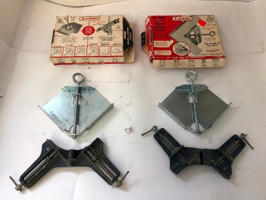 CORNER CLAMP ASSORTMENT, with two LARSON frame or corner clamps still in the box and two STANLY