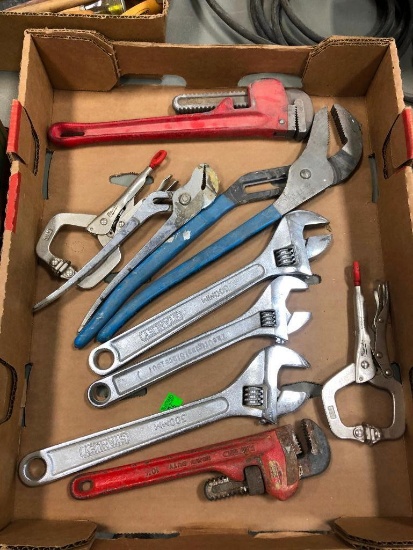 Box of Tools, Adjustable Wrenches, Channel Locks, Pipe Wrenches, Milwaukee Vise Grips