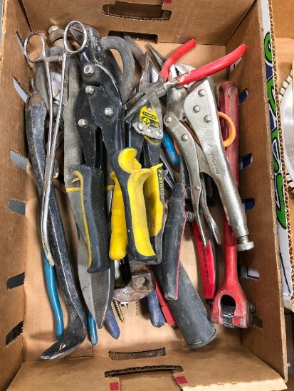 Box of Hand Tools, Pliers, Snips, Vise-Grips, Others