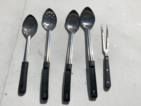 Lot of 5 Utensils, 4 Serving Spoons, 1 2-Prong Fork