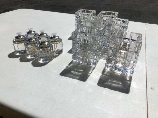 Six Heavy Leaded Glass Candle Holders w/ 6 New 24hr Liquid Candles