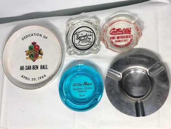 Lot of 5 Omaha Related Ashtrays, Ak-Sar-Ben Hall, Others