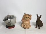 Lot of 3 Still Banks, Cast Iron Bunny, Cat