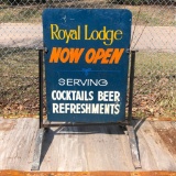 Royal Lodge Now Open Double Sided Metal Sign on Stand, Peony Park, Cocktails/Beer 32in x 23in