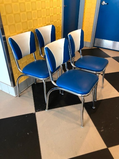 Lot of 4, Modern 1950's Retro Diner Style Blue, White & Chrome Chairs