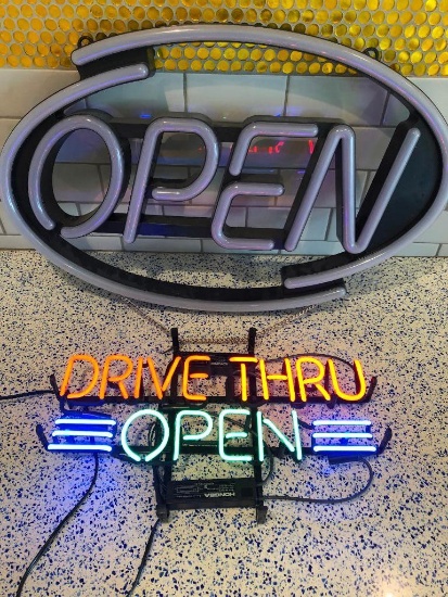 LED OPEN Sign Newon #6114 & Neon Drive Thru Open Sign by Hongba Model HB-C02TE 18" Wide