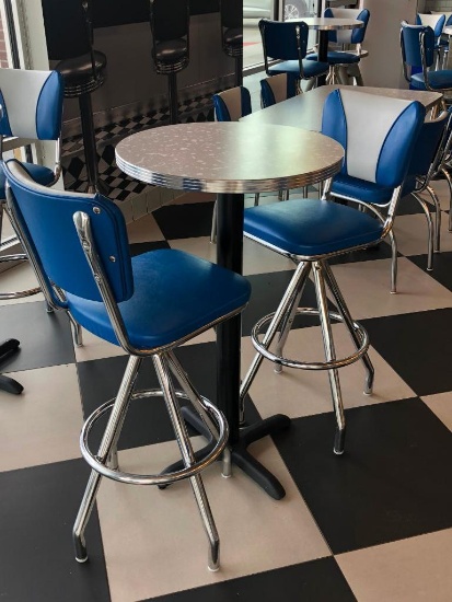 Modern 1950's Retro Diner Style Pub Table & (2) Blue, White & Chrome Swivel Bar Stools
