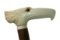 L-Shaped Carved Tusk or Bone Figural Bird Cane with Glass Ey, Wooden Shaft w/ Bone or Tusk Collar