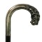 Silver Serpent with Ball in Mouth Crook Handled Cane on Ebony Shaft, Glass Eyes
