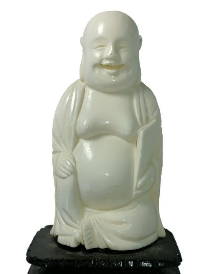 Carved Chinese Buddha or Monk Figural Cane, Figure Sits on Platform, Carved Ebony Shaft