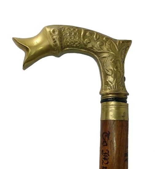 Brass Semi-Crooked Handled Cane with Brass Collar and Personal Engraved Handle, See Images