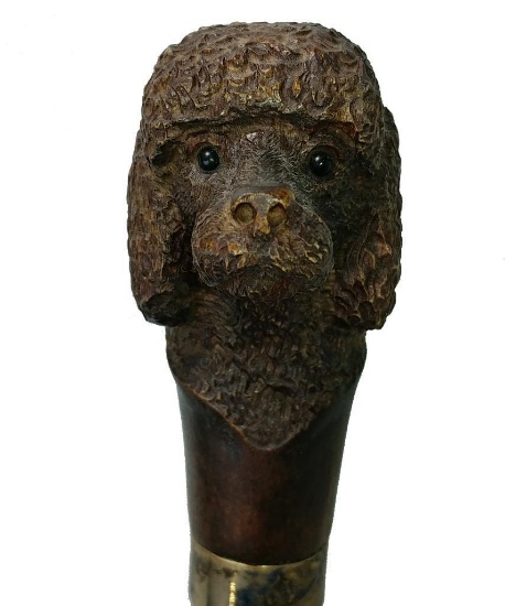 Carved Figural Dog Cane with Silver Collar and Ebony Eyes