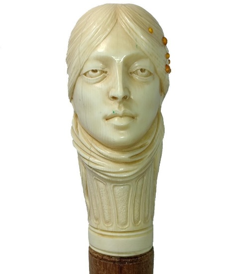 Carved Tusk or Bone Woman Figural Cane on Wooden Shaft