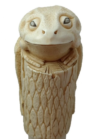 Interesting Carved Bone or Tusk Frog on Stump Cane