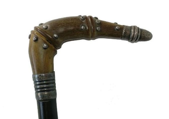 Horn Hanlded Cane with Silver Collar and Bands, L-Shaped Handle, Dimpled Silver along the Handle