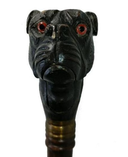 Carved Figural Dog Cane with Brass Collar and Glass Eyes