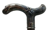 Ornate T-Handled Silver Cane on Wooden Shaft