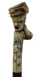 Bone or Tusk Carved Figural Man Cane, Asian Design with Horse Hair Cap