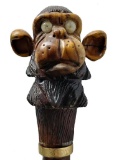 Carved Wooden Big Ear Monkey Cane with Gold Collar