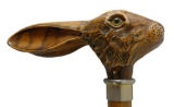 Carved Rabbit Figural Cane with Silver Collar
