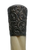 Silver and Carved Tusk or Bone Day Cane - Very Nice Contrast with the Bone and Silver Designs