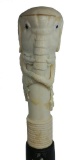 Carved Tusk or Bone Cane Figural Elephant w/ Black Eyes, Wooden Shaft w/ Fancy Mother of Pearl