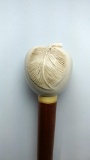 Clean Fruit and Leaf Figural Tusk or Bone Knob Handled Cane on Wood Shaft
