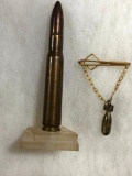 War Era Brass Bomb Tie Clasp & Trench Art Military Shell Table Lighter, Lot of 2