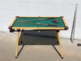 Vintage Burroughs Miniature Pool Table, Folding Legs, Set of Balls, 2 Cues & Rack