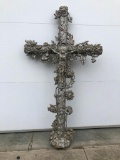 Antique Cast Iron Grave Marker Cross w/ Figural Jesus Christ, Vines and Roses Motif 48in x 26in