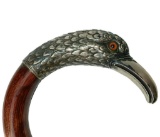 Ornate Silver Crook Handled Bird Cane with Glass Eyes, Mixed Metals Ferrule