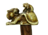 Figural Carved Tusk or Bone Lions Handle on Wooden Shaft Cane