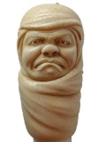 Bone or Tusk Carved Figural Man Cloaked in Head Scarf Cane, Ornate Carvings