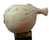 Carved Tusk or Bone Blow Fish Cane with Brass or Gold Collar