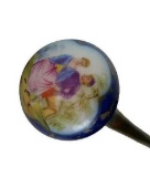 Victorian Era Porcelain Dress Cane with Knob Style Handle, Silver Collar